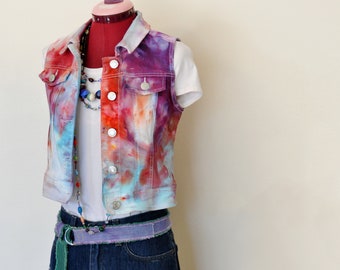 Gilet in denim Cherokee riciclato rosso viola tinto ghiaccio per ragazze, taglia 10/12 (torace 32")