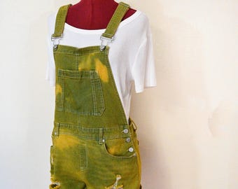 Gold Dyed Womens Juniors Medium Upcycled Dollhouse Bib OVERALL Shortalls (34W x 3L)