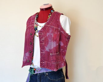 Red Jrs. Medium Denim VEST - Red Wine Mottled Dyed Upcycled Cropped Canyon River Blues Denim Trucker Vest - Adult Womens Medium (38" chest)