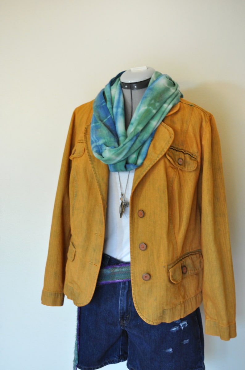 Gold 16W XL Denim JACKET Adult Womens Size 16W Extra Large Golden Topaz Hand Dyed Upcycled Fashion Bug Denim Blazer Jacket 46 chest