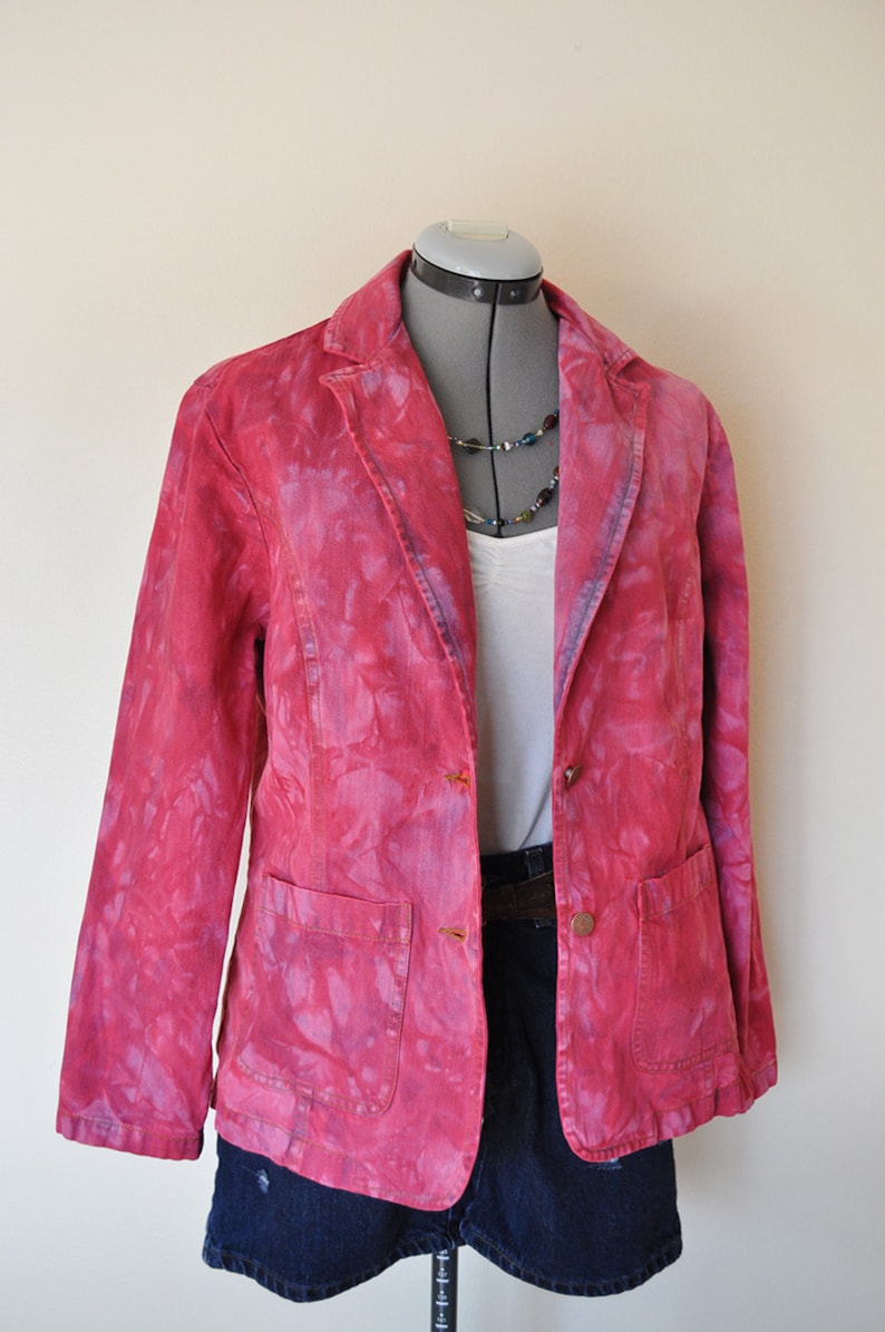 Magenta Hand Dyed Upcycled Bill Blass Cotton Denim Blazer Jacket Fuchsia Pink Small Denim JACKET Adult Women Size Small 42 chest