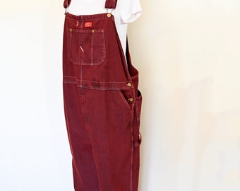 Dark Red Mens XL Bib OVERALL Pants - Red Dyed Upcycled Dickies Cotton Denim Overalls - Adult Mens Womens Size Extra Large (44 w x 32L)