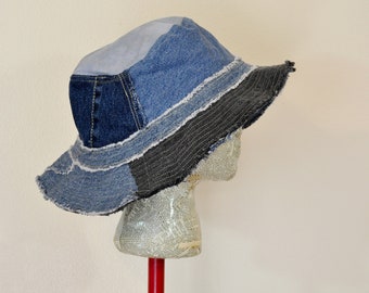 Dyed Denim 26" Beach Bucket Sun HAT #283 - Rustic Faded Blue Dark Blue Black Dyed Upcycled Denim Fringed Frayed - Adult XXL Extra Large 26"