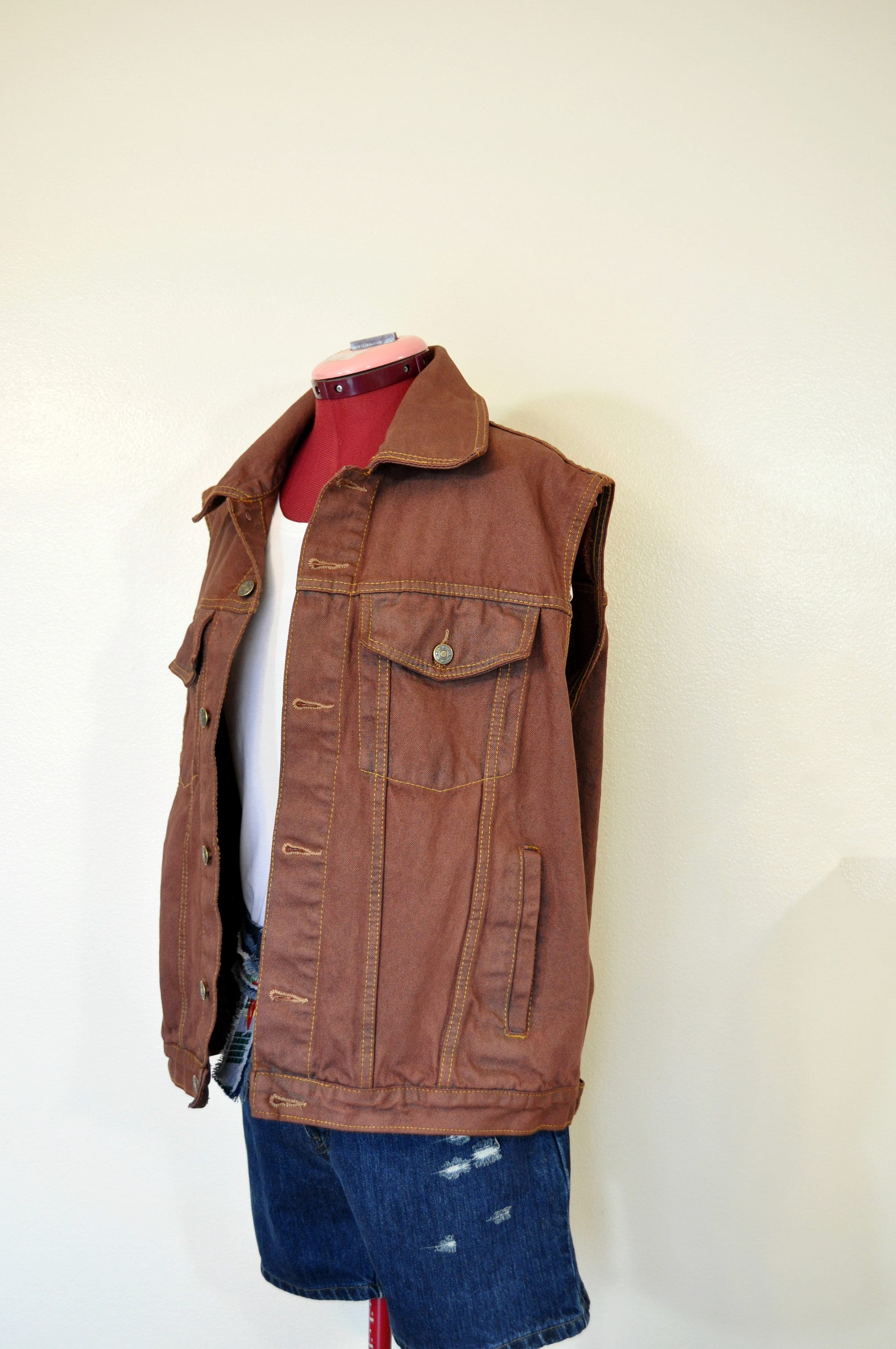 Brown Mens Small Denim VEST - Cocoa Brown Dyed Upcycled All State