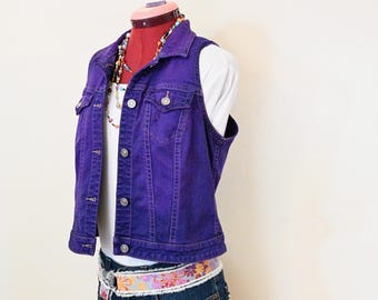 Violet Dyed Adult Womens Juniors Medium Upcycled Silver Jeans Denim VEST (36" chest)
