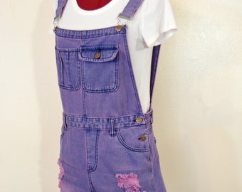 Pink Small Bib OVERALL Shorts - Pink Solid Dyed Upcycled Jeans Wear Cotton Denim Shortalls - Adult Women Juniors Small (32 Waist)