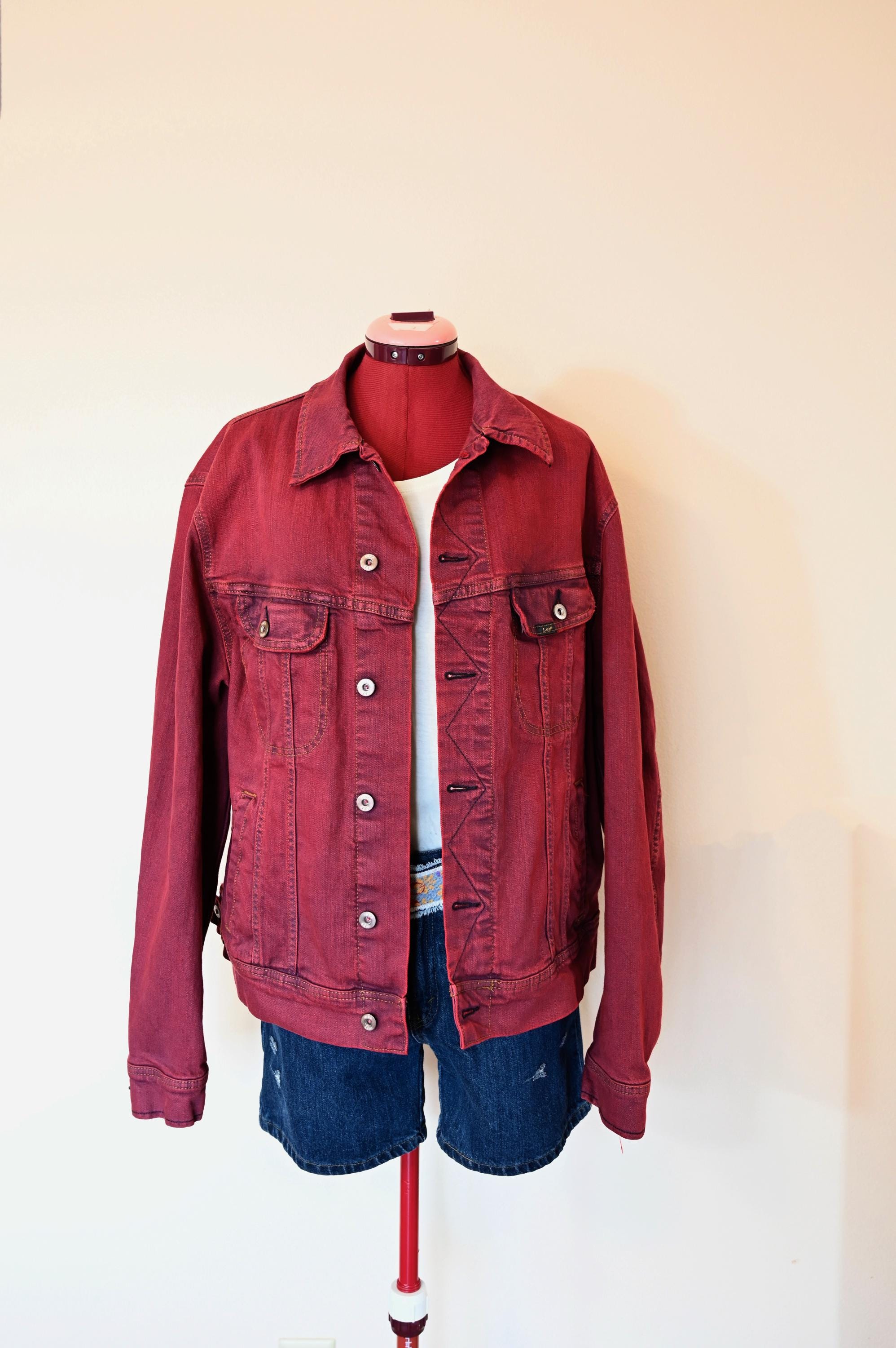 Red Dyed Adult Men's XL Upcycled Lee Denim Trucker JACKET - Extra