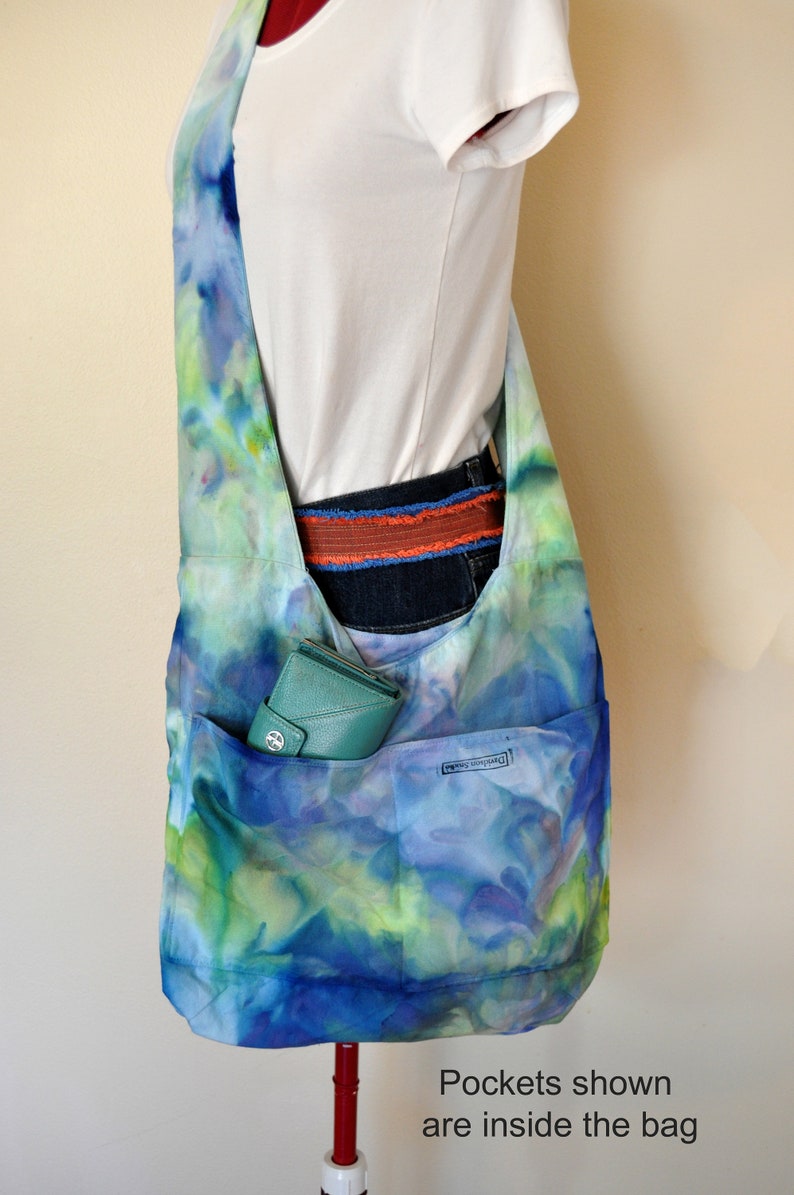 Hand Made Ice Dyed Cotton Denim Handbag Over the Shoulder Messenger Book Laptop Tote 40 Blue Green Dyed Canvas Handbag Satchel