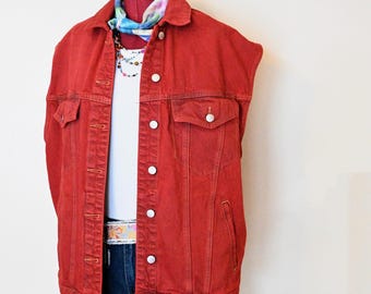 Red Dyed Womens Medium Upcycled Universal Thread Denim Trucker VEST (46" chest)