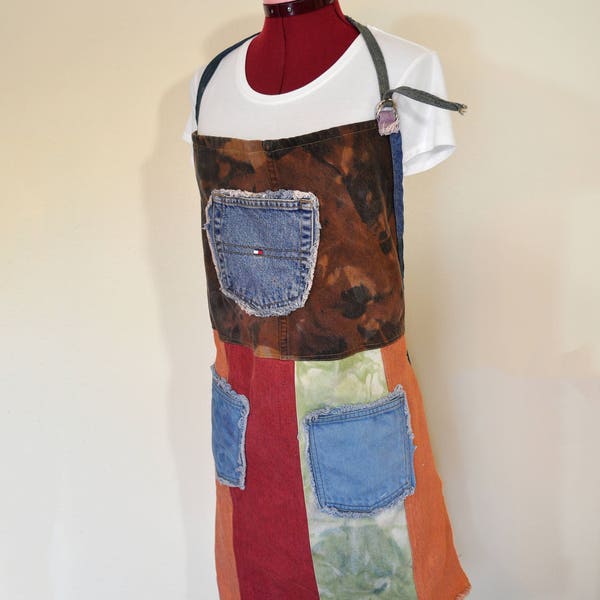 XL Dyed Denim Rustic Artists Apron #34 - Blue Brown Red Green Dyed Upcycle Scrap Fringed Denim - Adult or Youth Apron - Sz Extra Large (24W)