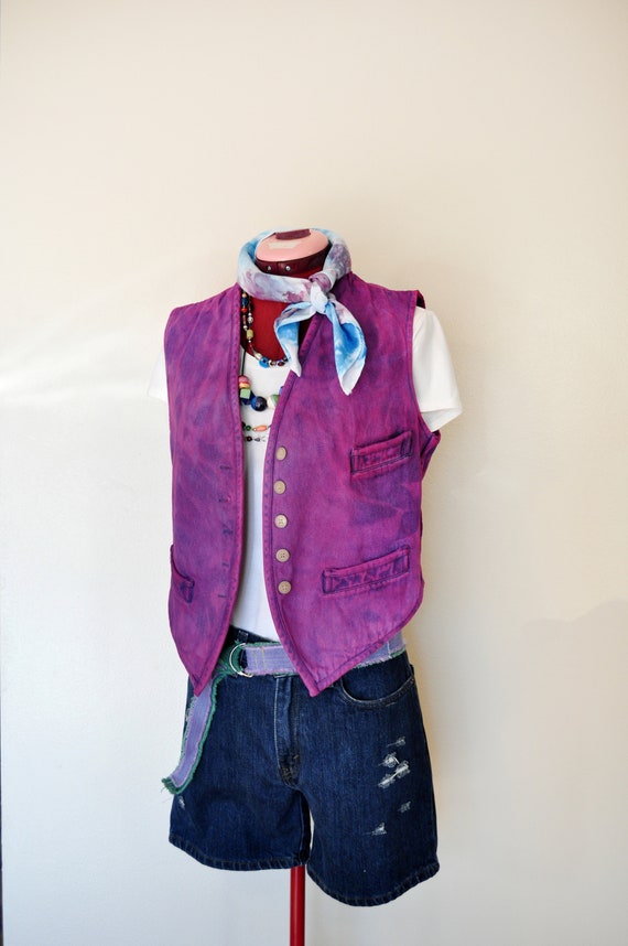 Pink Small Denim VEST Fuchsia Pink Dyed Upcycled Vintage British
