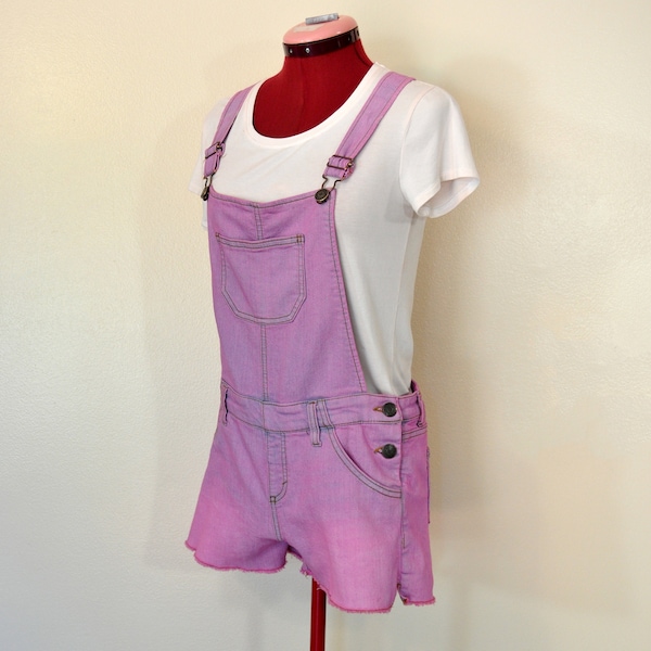 Pink Jrs. XL Bib OVERALL Shorts - Pink Solid Dyed Upcycled Cherokee Cotton Denim Shortalls - Adult Women Juniors Extra Large (34 Waist)
