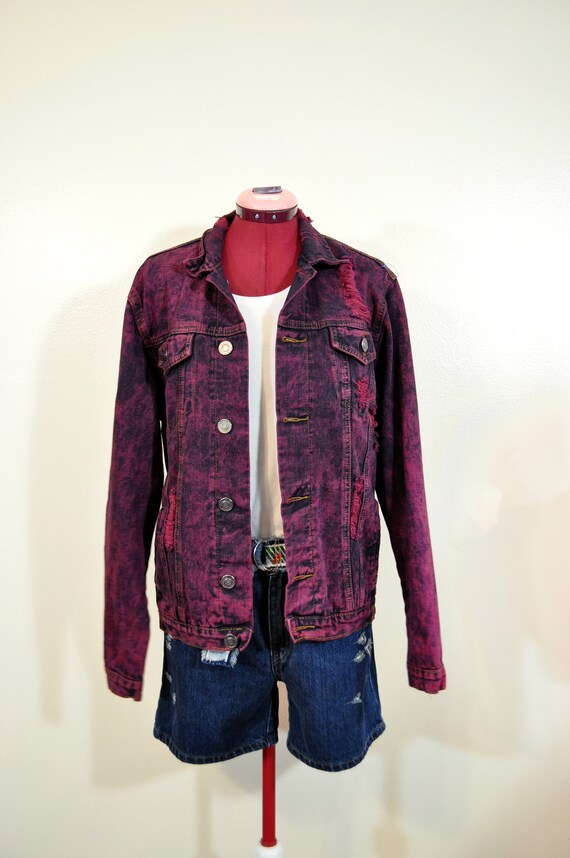 Wine Mens Small Denim JACKET - Wine Red Dyed Upcy… - image 4