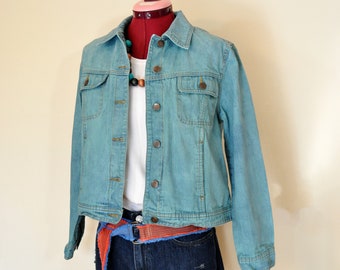 Teal PMedium Jean JACKET - Aquamarine Teal Dyed Repurposed Bill Blass Denim Cropped Trucker Jacket - Adult Womens Petite Medium (40" chest)