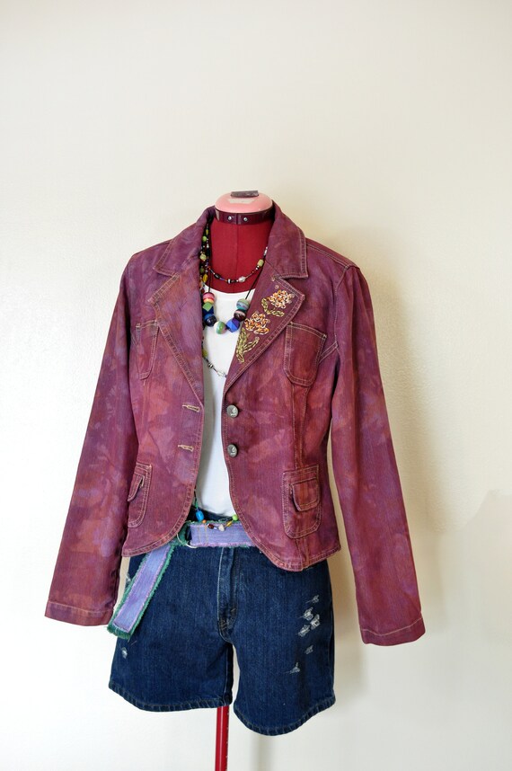 Red Small Denim Jacket - Red Wine Dyed Upcycled V… - image 5