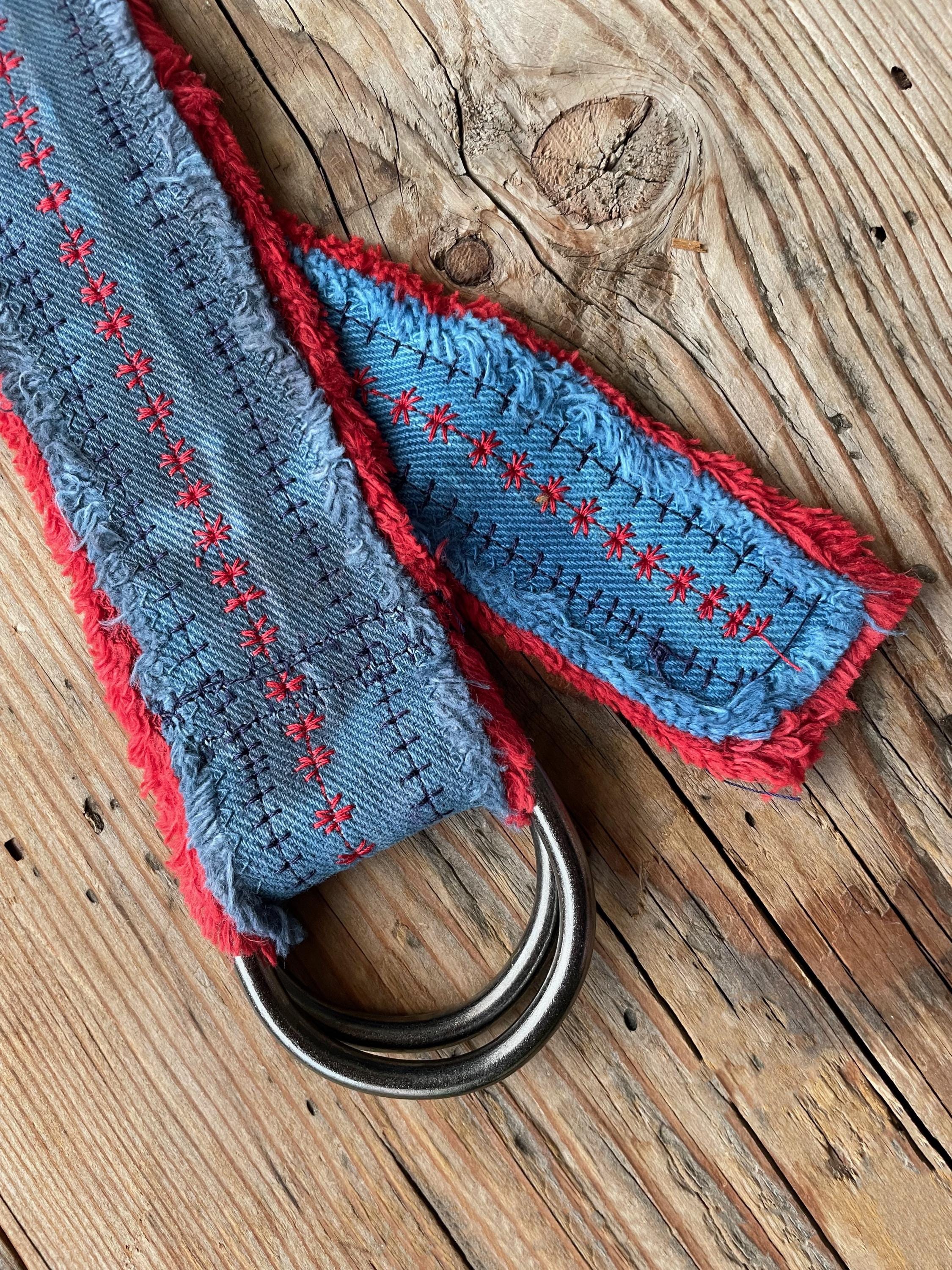 Red Blue Dyed Upcycled Denim Embroidered D-ring BELT - #27  display picture 3