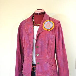Red Dyed Womens Small Upcycled St Johns Bay Denim Blazer JACKET (42" chest)