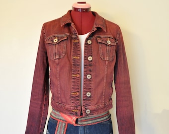 Red Jrs Medium Cotton JACKET - Scarlet Red Dyed Upcycled Elle Cropped Denim Trucker Jacket - Adult Womens Size Juniors Medium (38" chest)