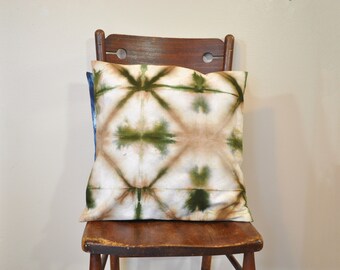 Green Tan Dyed Pillow Cover Square Sham Envelope Style Dyed Shibori DIAMOND Pattern Tie Dye Design - 16" x 16" Pillow Cover #28