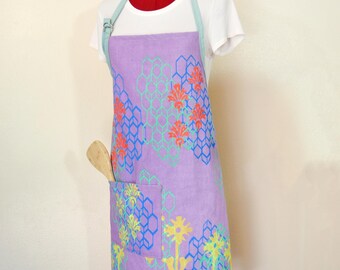 Pastel Dyed Floral Design Screen Printed APRON Adult/Youth Apron - Sz Large (28 Wide)