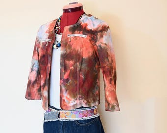 Brown Ice Dyed Womens Small Upcycled Roz & Ali Linen Bolero Cropped JACKET (36" chest)