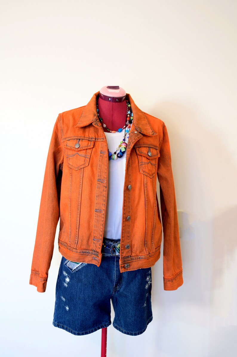 Orange Womens Jrs. Large Denim JACKET Tangerine Orange Dyed Upcycled