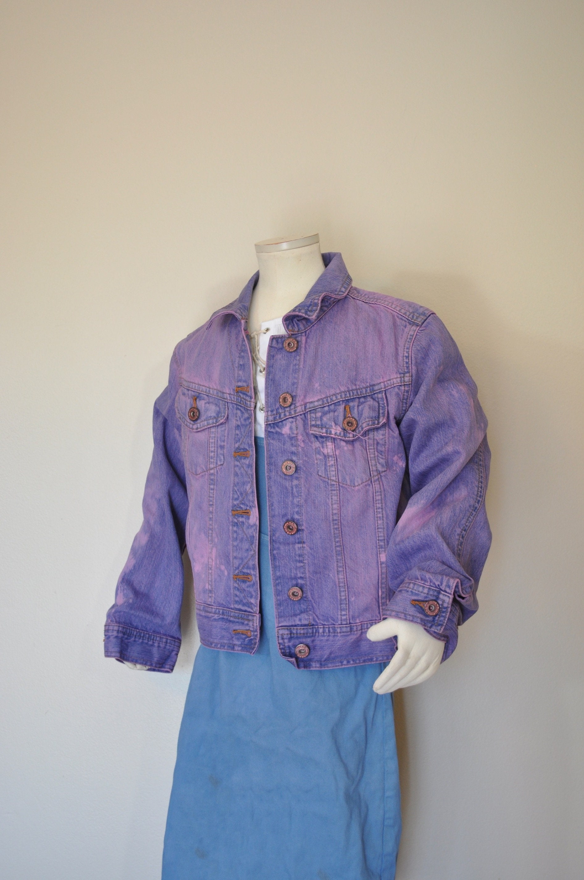 Pink Girls 8 Medium Denim JACKET - Pastel Pink Hand Dyed Upcycled Riders Denim Trucker Jacket - Childs Size 8 year Medium (34" chest)