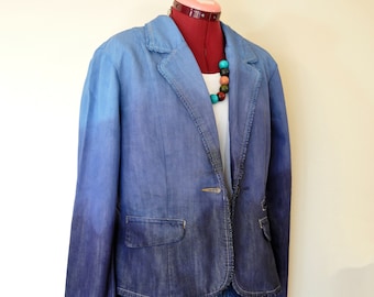 Blue Medium Denim Blazer JACKET - Royal Navy Blue Ombre Dyed Upcycled Faded Glory Denim Jacket - Adult Womens Size 12 Medium (40 Chest)