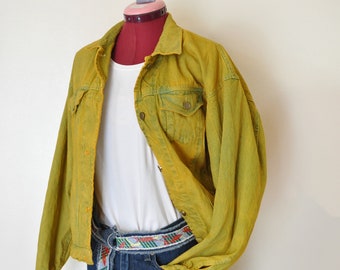 Gold MENS Medium Denim Jacket - Rustic Yellow Dyed Upcycled Vintage Blues Brand Denim Trucker Jacket - Adult Mens Size Medium (42" chest)