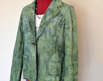 Green Medium Denim JACKET - Apple Green Blue Dyed Upcycled Liz Clairborne Denim Blazer Jacket - Adult Womens Size 12 Medium (40" chest)