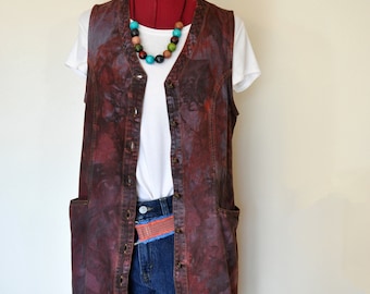 Brown Small Denim DRESS - Red Brown Dyed Bryn Connelly Jumper Sun Vest Denim Dress - Adult Womens Size 6 Small (42" chest)