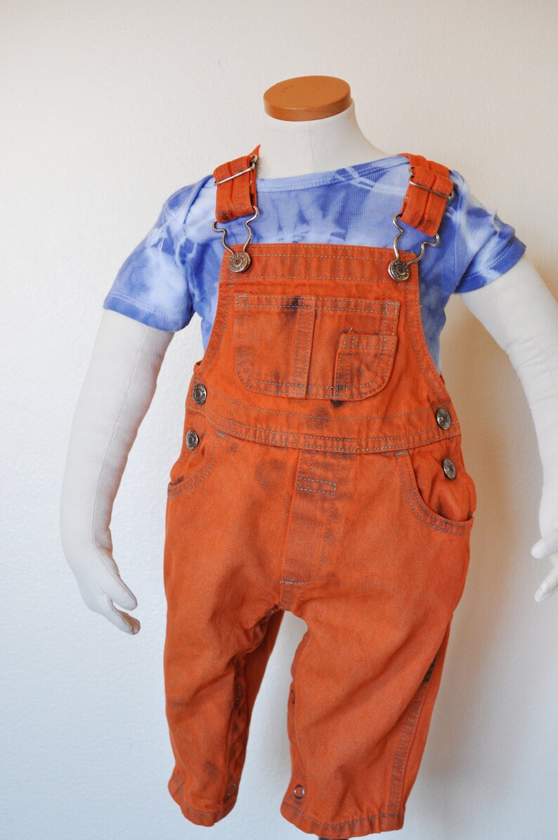 Bib OVERALL Pants 10W x 7 L Newborn Infant 3-6 months Hand Dyed Orange Vintage Denim Baby Arizona Denim Overalls Orange Kid 3-6 Mo