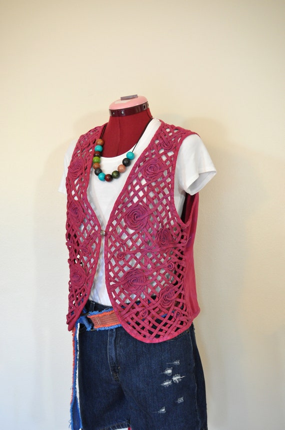 Red Large Denim VEST - Cherry Red Pink Dyed Upcycl
