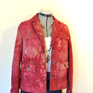 Red Mottled Dyed Womens Medium Upcycled Chicos Cotton Safari Blazer JACKET (42" chest)