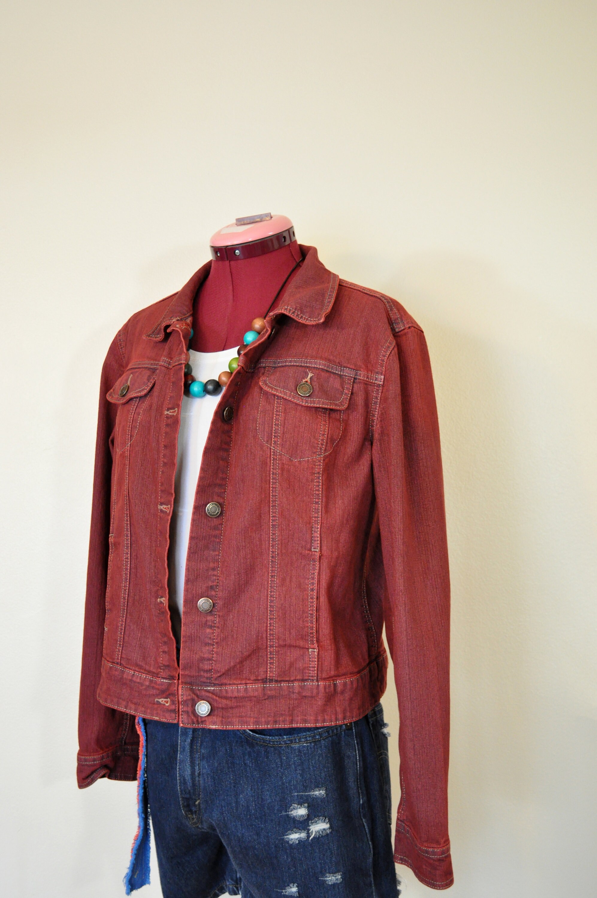 faded red denim jacket