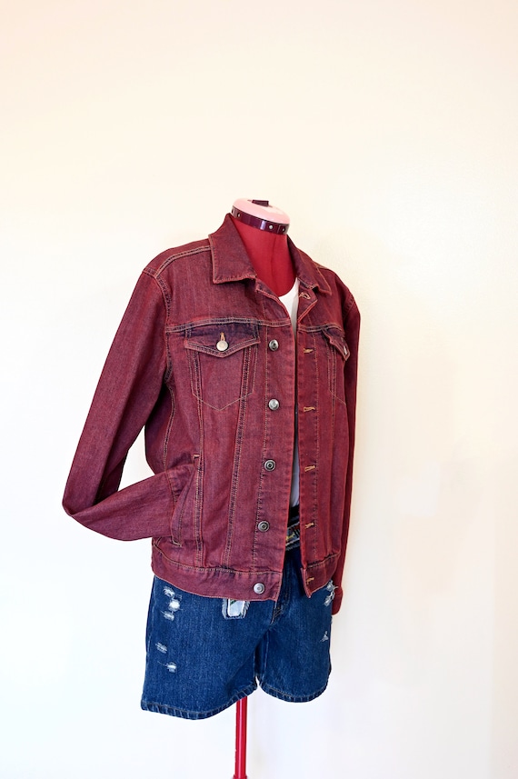 Red Mens Small Denim JACKET - Wine Red Solid Dyed… - image 2