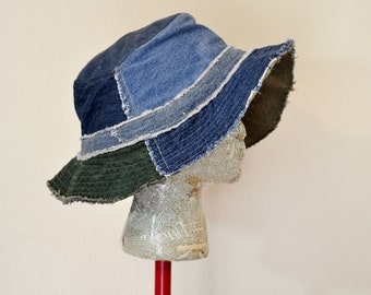 Dyed Denim 26" Beach Bucket Sun HAT #282 - Rustic Faded Blue Green Black Dyed Upcycled Denim Fringed Frayed - Adult XXL Extra Large 26"