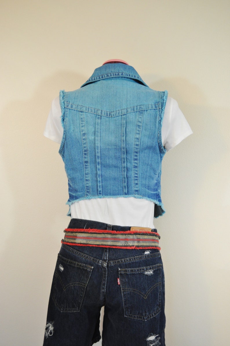 30 chest Aqua Girls Small Denim VEST Childs Teen Size Small Blue Green Dyed Upcycled Highway Jeans Cotton Denim Vest