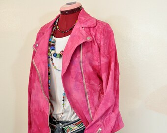 Fuchsia Pink Mottled Dyed Womens Medium Upcycled Old Navy Denim Biker JACKET  (38" Chest)