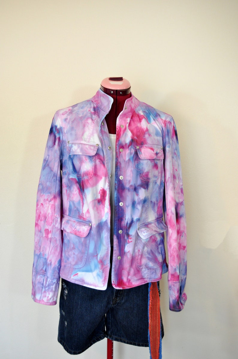 Violet Womens Medium Cotton JACKET Pink Blue Lilac Ice Dyed Upcycled