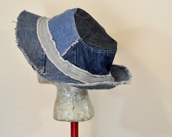 Dyed Denim 27" Beach Bucket Sun HAT #292 - Rustic Faded Blue Dark Blue Black Dyed Upcycled Denim Fringed Frayed - Adult XXL Extra Large 27"