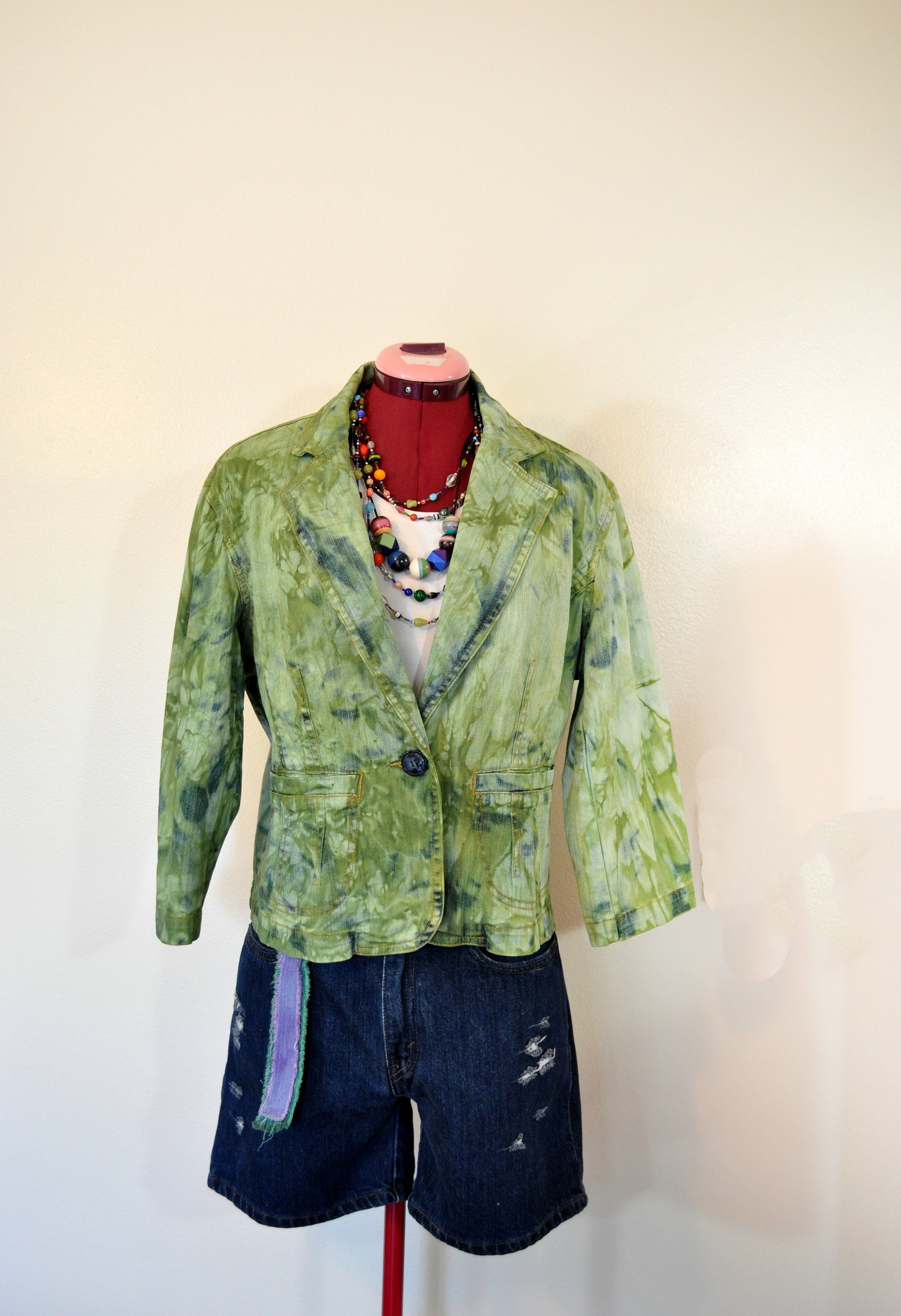 Green Medium Denim Jacket - Apple Green Dyed Upcycled a.n.a. Denim Blazer Jacket - Adult Womens Size Medium (42\