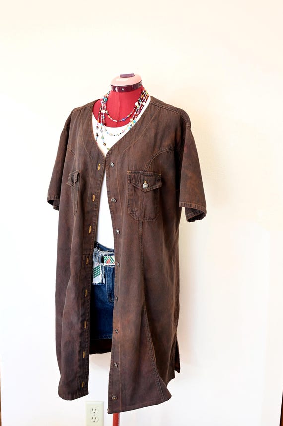 Brown Dyed Womens 22W Extra Large Upcycled Proudly Plus Denim Shirt DRESS (50" chest) Brown Dyed Womens 22W Extra Large Upcycled Proudly Plus Denim Shirt DRESS (50" chest)