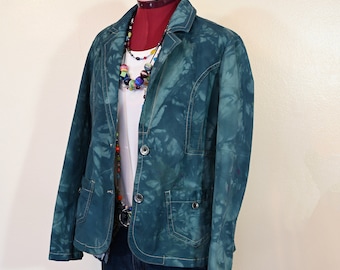 Teal Green Large Cotton JACKET - Blue Green Dyed Upcycled Faded Glory Cotton Blazer Jacket - Adult Womens Size 12/14 Large (40" chest)