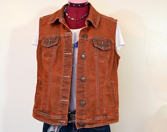 Orange Small Denim VEST - Rustic Orange Dyed Urban Upcycled Westport Cotton Denim Vest - Adult Womens Size Small Medium (40 chest)