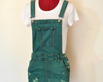 Grün gefärbt Damen Juniors Kleine Upcycled Wax Jeans Denim OVERALL Shorts (30W x 2L)