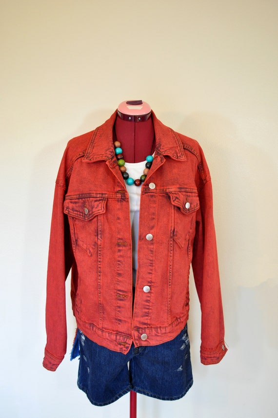 Red Medium Denim JACKET - Scarlet Red Dyed Upcycl… - image 4