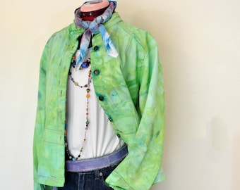 Lime Large Denim JACKET - Yellow Green Aqua Dyed Repurposed St. Johns Bay Denim Military Blazer Jacket - Adult Womens Size Large (44 chest)