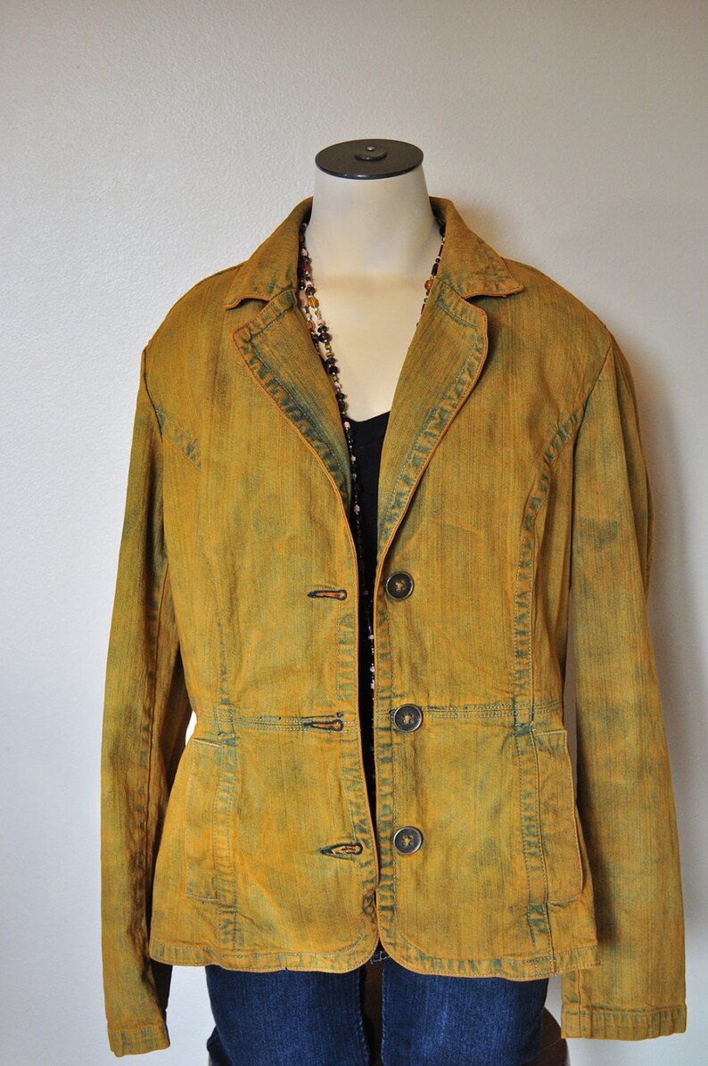 Golden Topaz Hand Dyed Upcycled St Gold Medium Denim JACKET Adult Womens Size Medium Johns Bay Denim Blazer Jacket 38 chest