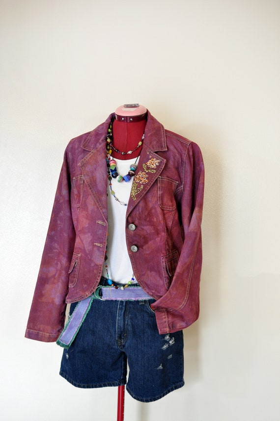 Red Small Denim Jacket - Red Wine Dyed Upcycled V… - image 1